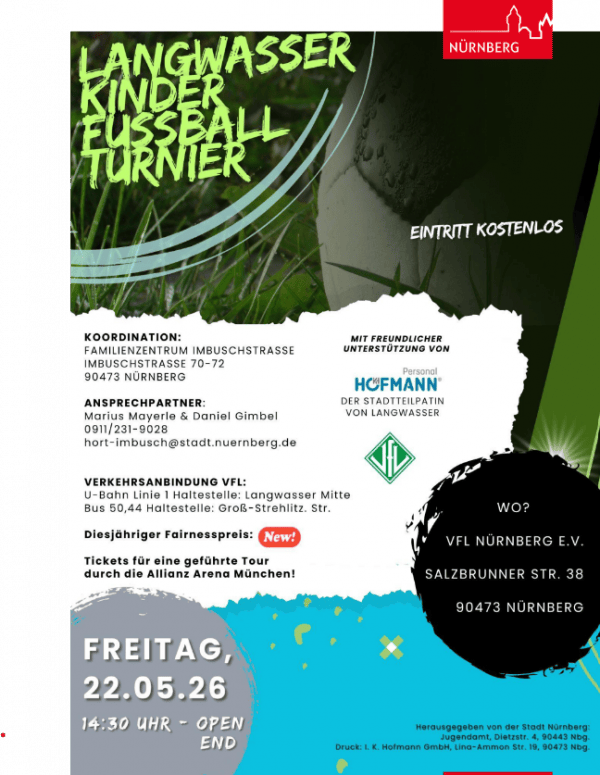 Poster for Langwasser Kids' Soccer Tournament in Nürnberg—free entry; Fri 22.05.26, 14:30–open end; venue Salzbrunner Str. 38, 90473 Nürnberg.