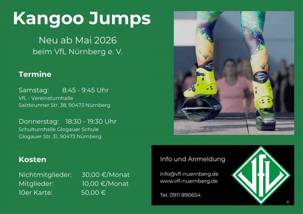 Flyer Kangoo Jumps Mai 2026 - VfL Nürnberg Kangoo Jumps event poster for VfL Nürnberg—May 2026, with schedule and venue details on the left and a colorfully clad jumper image on the right.